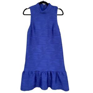 Hutch Royal Blue Rippled Textured Mock Neck Ruffle Hem Shift Dress Small r1